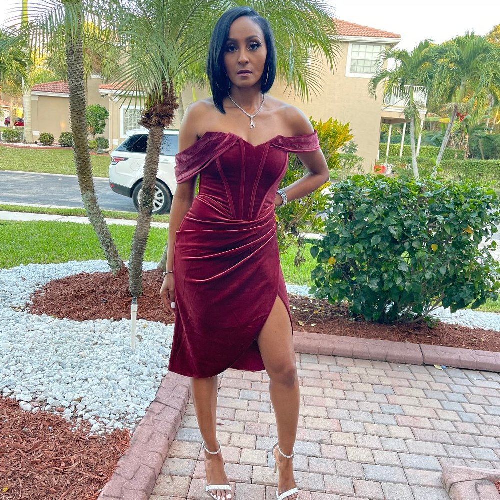 Velvet Off The Shoulder Corset Dress - Burgundy - Miss Circle - X-Small - Picture 2 of 5